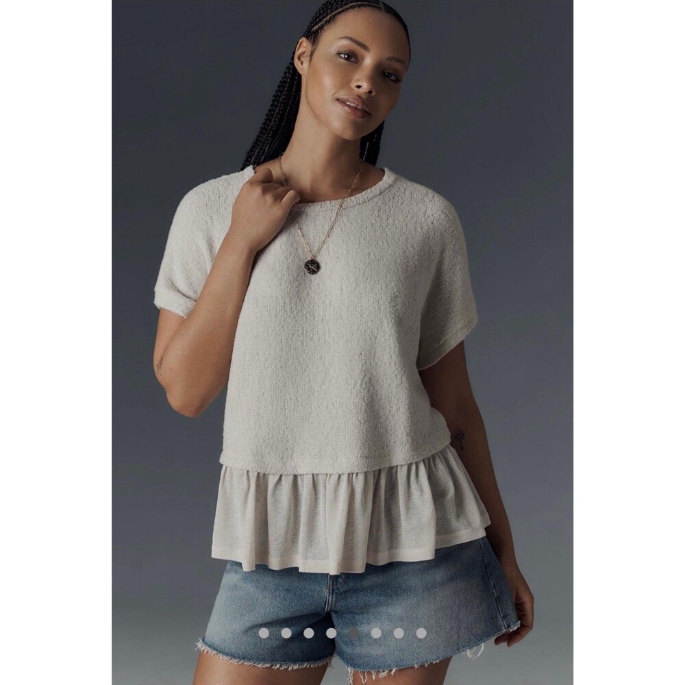 NWT Anthropologie Pilcro Short Sleeve Sweater Twofer Top Textured Beige XL - Picture 4 of 8